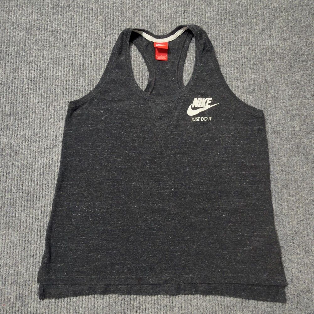 Nike Women Size Large Heathered Black Racerback Tank Top Just Do It Logo